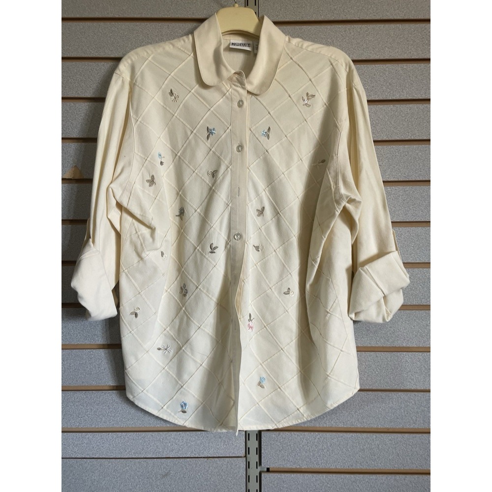 Ladies Koret Button Up Long Sleeve Soft Yellow Shirt Blouse Embroidered Flowers